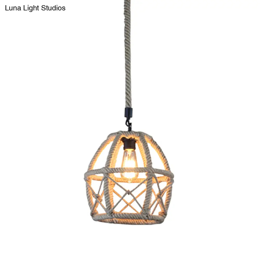 Rustic Flared Pendant Lamp with Natural Rope Suspension - Single-Bulb Light Fixture in Black/Brown