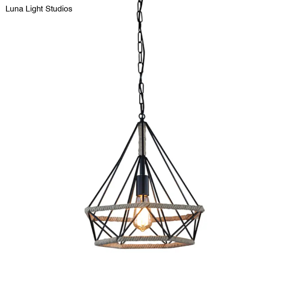 Rustic Flared Pendant Lamp with Natural Rope Suspension - Single-Bulb Light Fixture in Black/Brown