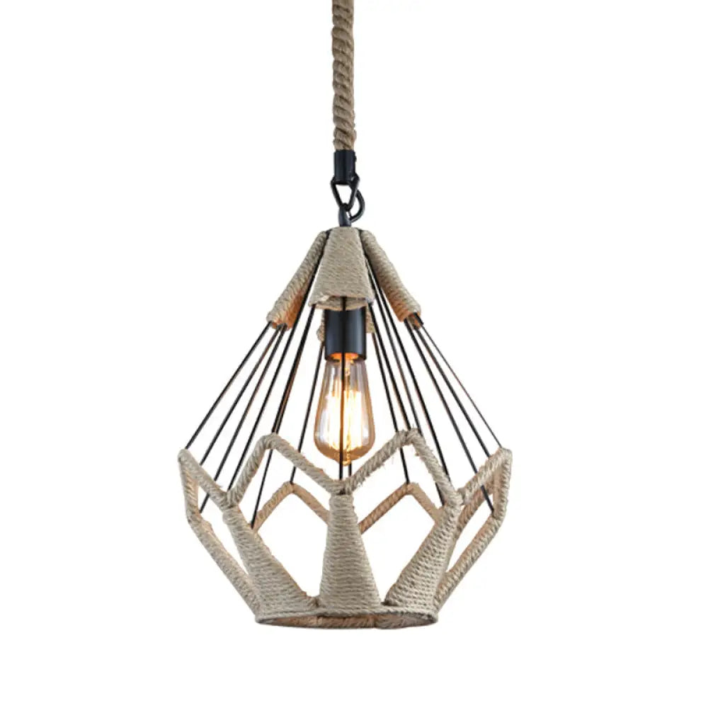 Rustic Flared Pendant Lamp with Natural Rope Suspension - Single-Bulb Light Fixture in Black/Brown