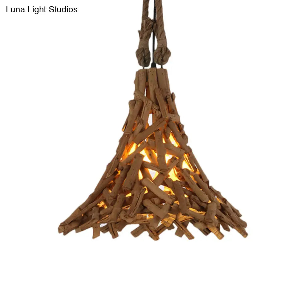 Rustic Flared Wood Sticks Hanging Pendant Light in Beige - Indoor Use