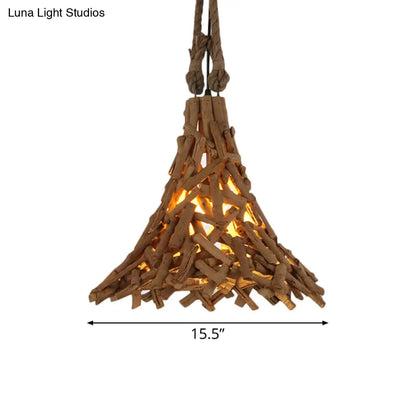 Rustic Flared Wood Sticks Hanging Pendant Light in Beige - Indoor Use