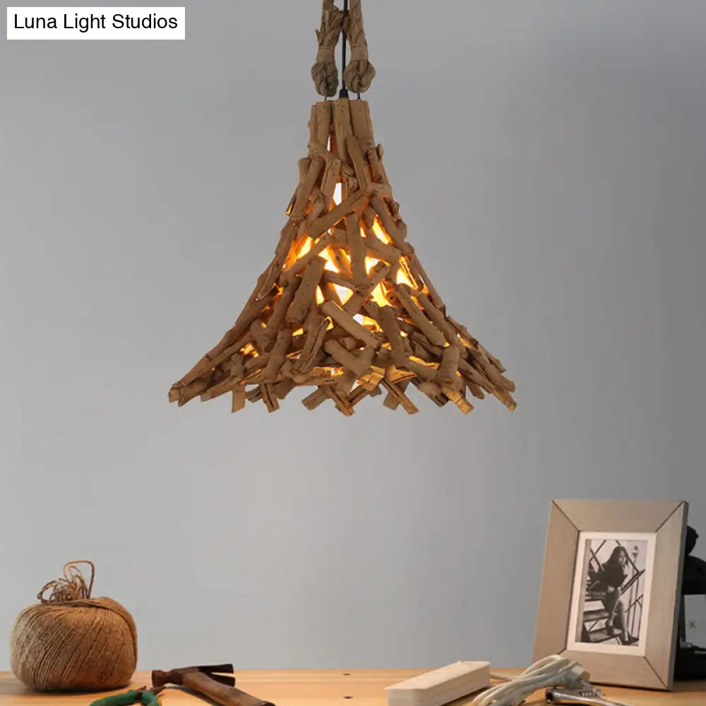 Rustic Flared Wood Sticks Hanging Pendant Light in Beige - Indoor Use