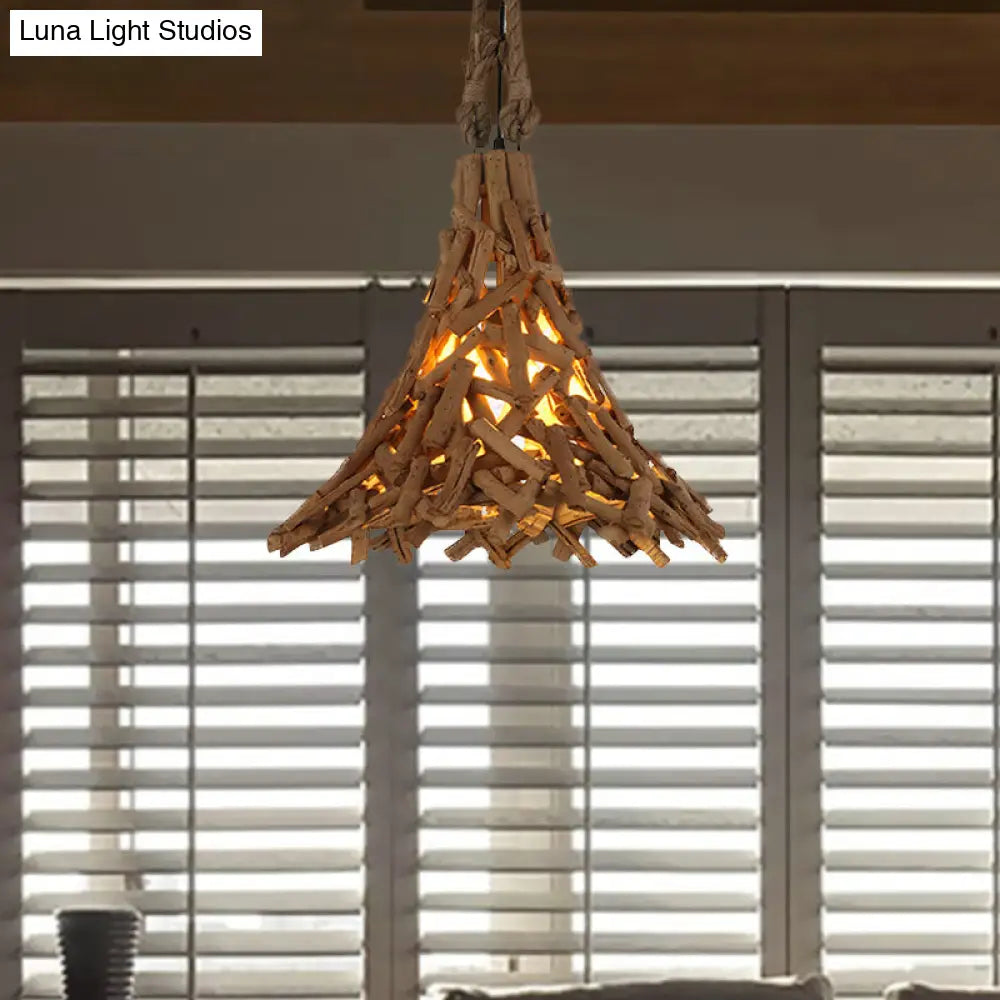 Rustic Flared Wood Sticks Hanging Pendant Light in Beige - Indoor Use