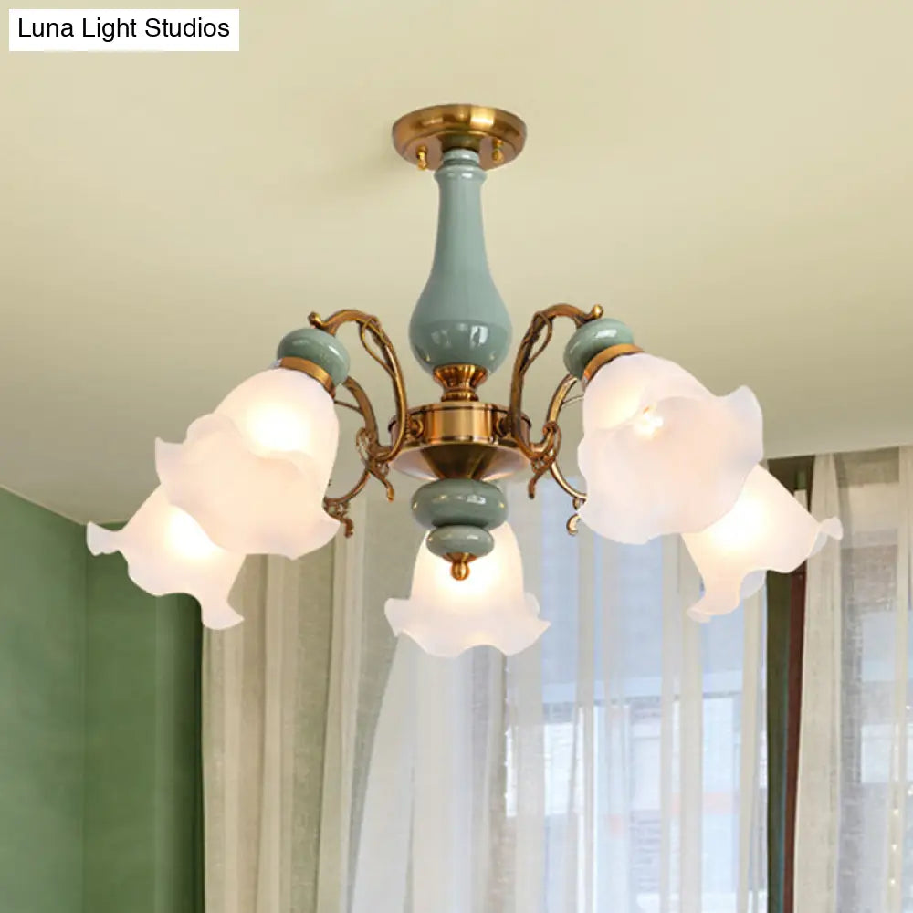 DecorBites™ DecorBites™ Rustic Floral Semi Flush Mount Chandelier with Ruffle Glass Shades for Dining Room Ceiling