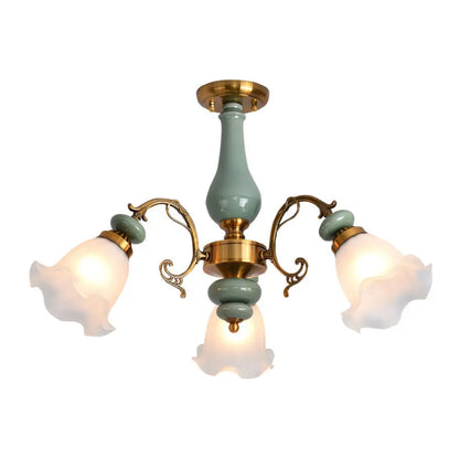 DecorBites™ DecorBites™ Rustic Floral Semi Flush Mount Chandelier with Ruffle Glass Shades for Dining Room Ceiling