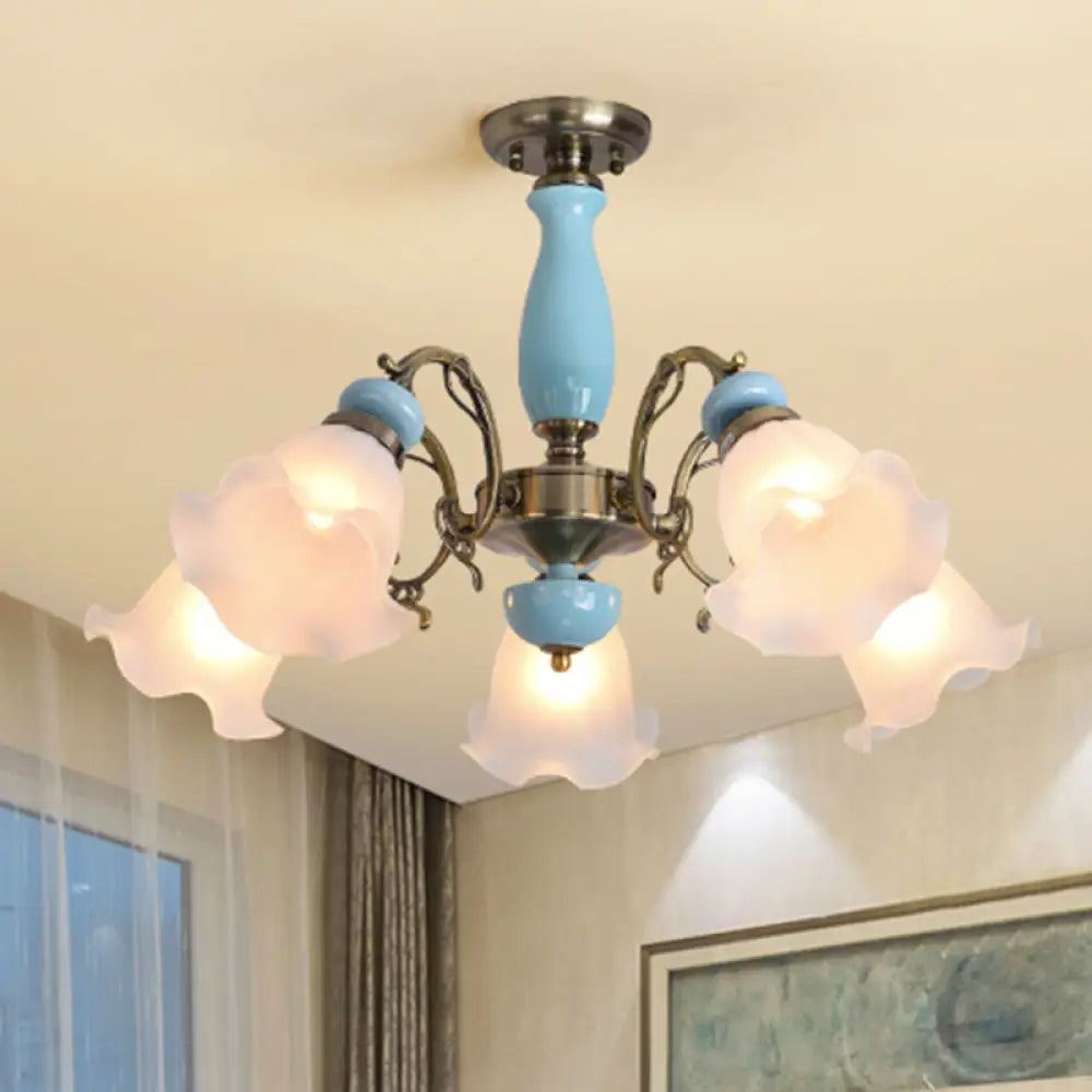 DecorBites™ DecorBites™ Rustic Floral Semi Flush Mount Chandelier with Ruffle Glass Shades for Dining Room Ceiling