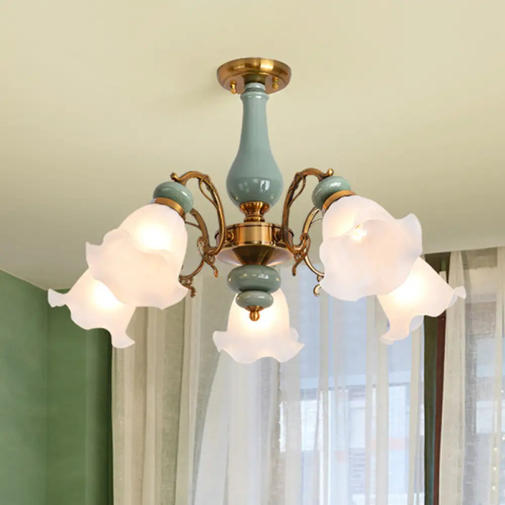 DecorBites™ DecorBites™ Rustic Floral Semi Flush Mount Chandelier with Ruffle Glass Shades for Dining Room Ceiling