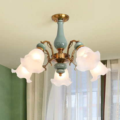 DecorBites™ DecorBites™ Rustic Floral Semi Flush Mount Chandelier with Ruffle Glass Shades for Dining Room Ceiling
