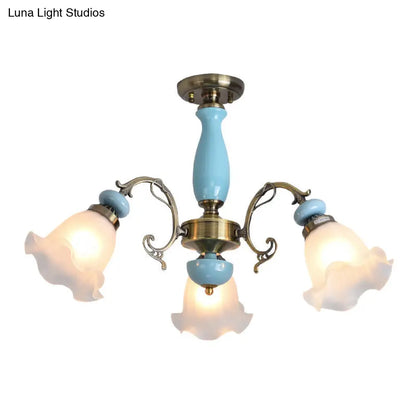DecorBites™ DecorBites™ Rustic Floral Semi Flush Mount Chandelier with Ruffle Glass Shades for Dining Room Ceiling