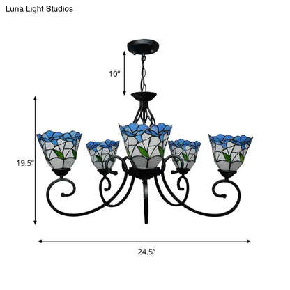 Rustic Floral Stained Glass Chandelier - Pink/Blue Multi-Light Pendant for Living Room