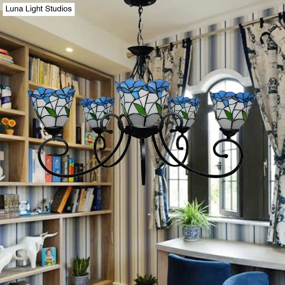 Rustic Floral Stained Glass Chandelier - Pink/Blue Multi-Light Pendant for Living Room