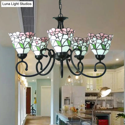 Rustic Floral Stained Glass Chandelier - Pink/Blue Multi-Light Pendant for Living Room