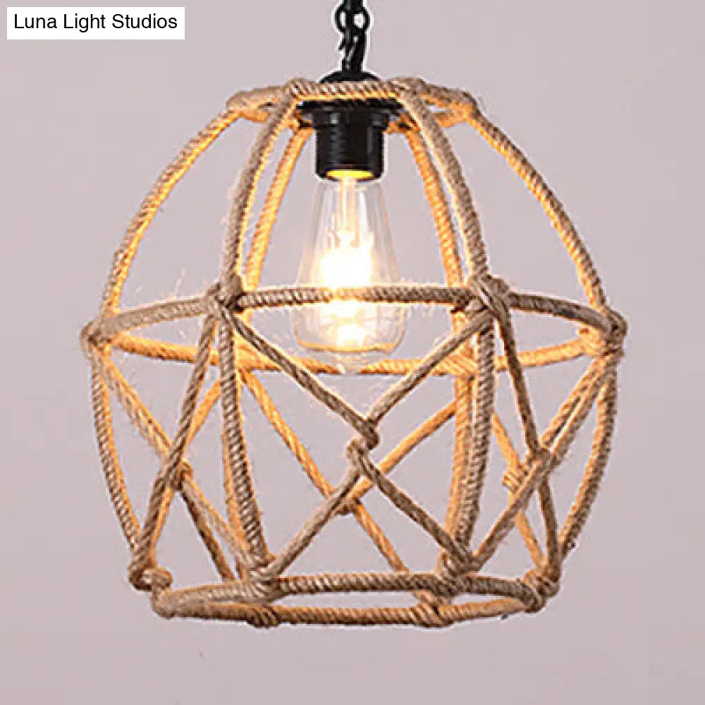 Rustic Geometric Cage Pendant Light with Rope - perfect for Restaurant Ceiling in Beige