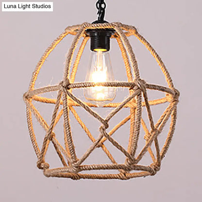 Rustic Geometric Cage Pendant Light with Rope - perfect for Restaurant Ceiling in Beige