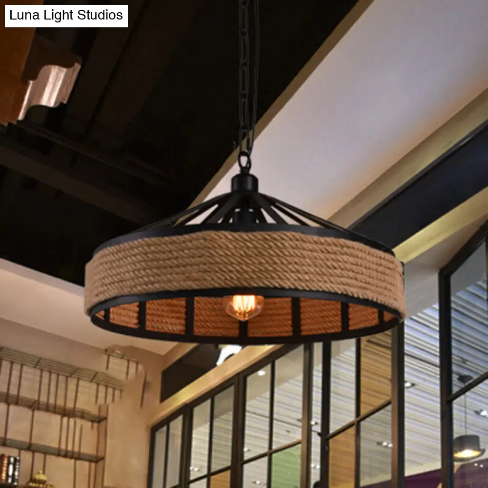 Rustic Geometric Hemp Rope Pendant Light with Single Bulb - Ideal for Restaurants - Black Fixture