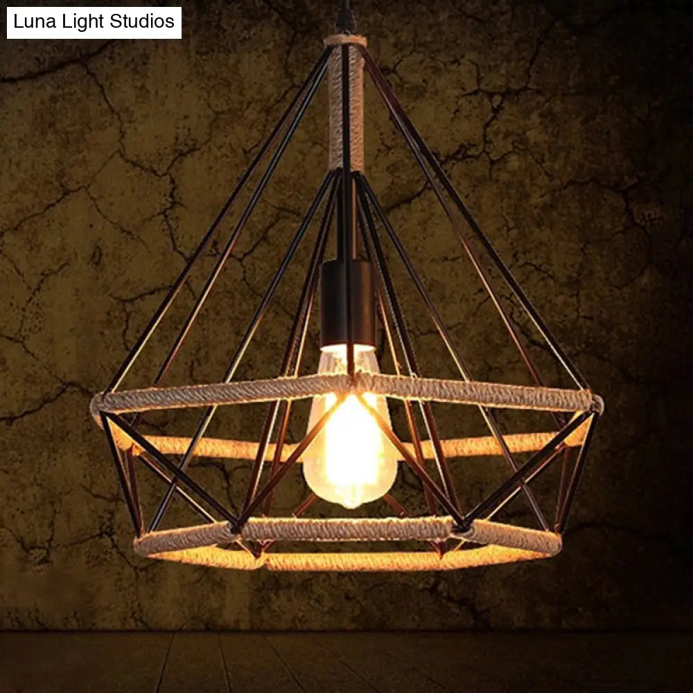 Rustic Geometric Hemp Rope Pendant Light with Single Bulb - Ideal for Restaurants - Black Fixture