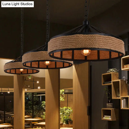 Rustic Geometric Hemp Rope Pendant Light with Single Bulb - Ideal for Restaurants - Black Fixture