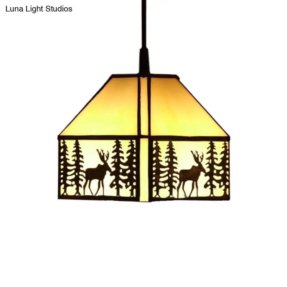 Rustic Glass Ceiling Light in Beige with Deer Pattern - Perfect for Kitchen - 1 Bulb House Hanging Light