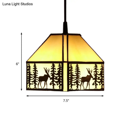 Rustic Glass Ceiling Light in Beige with Deer Pattern - Perfect for Kitchen - 1 Bulb House Hanging Light