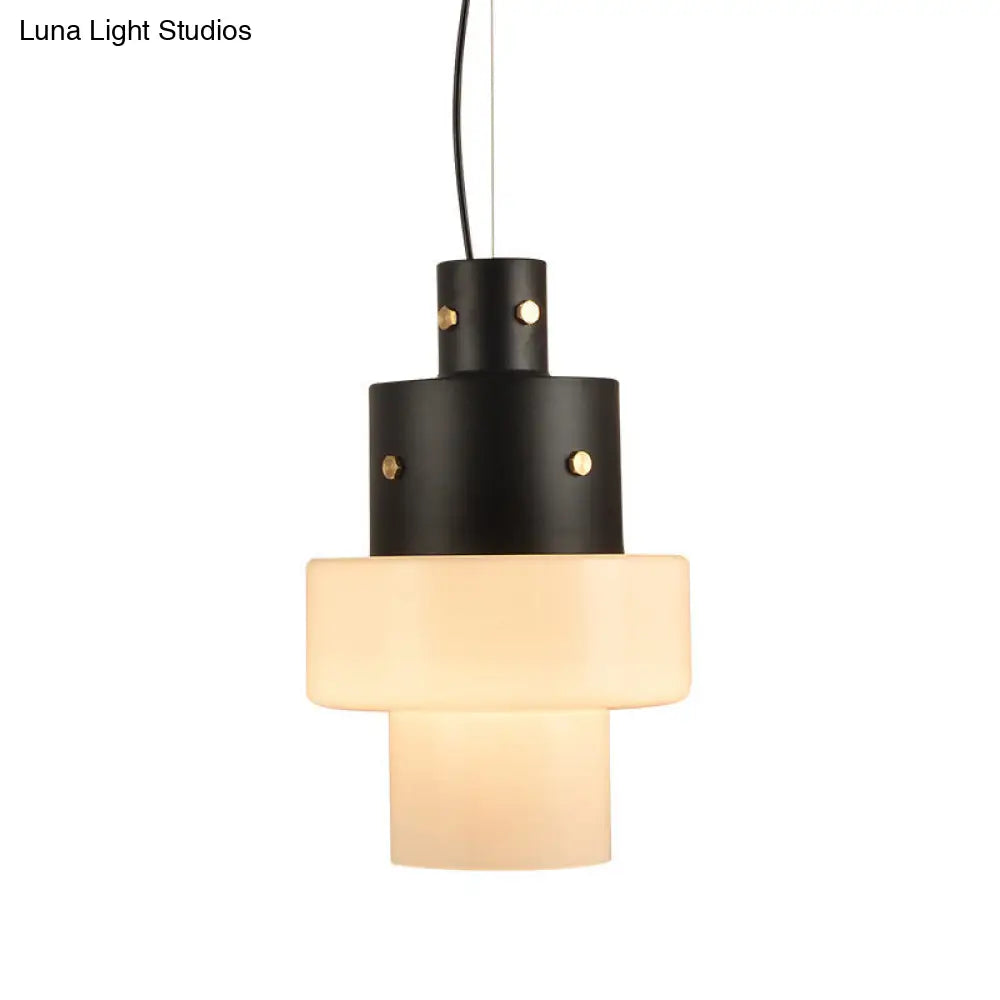 Rustic Glass Cylinder Pendant Light - White with Black Head, Ideal for Living Room Ceiling