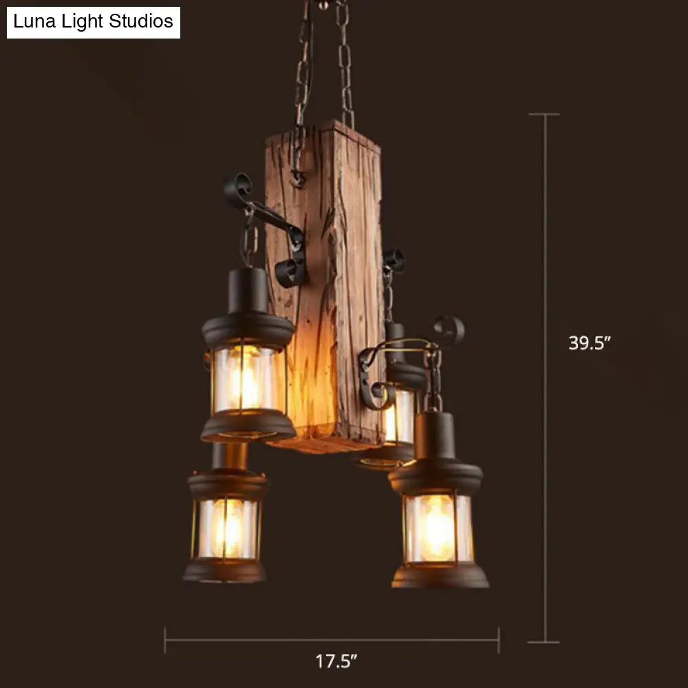 Rustic Glass Lantern Chandelier with 4 Wooden Heads for Restaurants