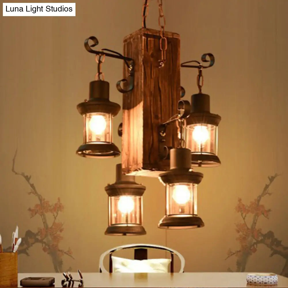 Rustic Glass Lantern Chandelier with 4 Wooden Heads for Restaurants