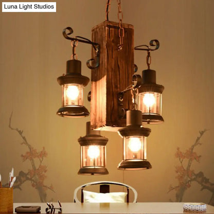 Rustic Glass Lantern Chandelier with 4 Wooden Heads for Restaurants