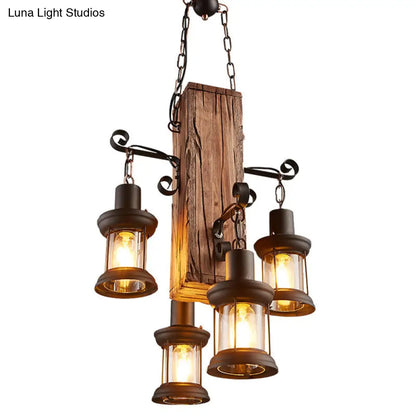 Rustic Glass Lantern Chandelier with 4 Wooden Heads for Restaurants