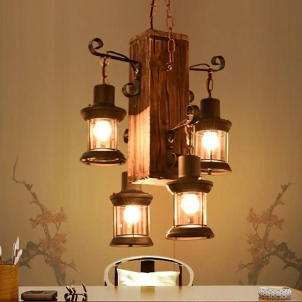 Rustic Glass Lantern Chandelier with 4 Wooden Heads for Restaurants