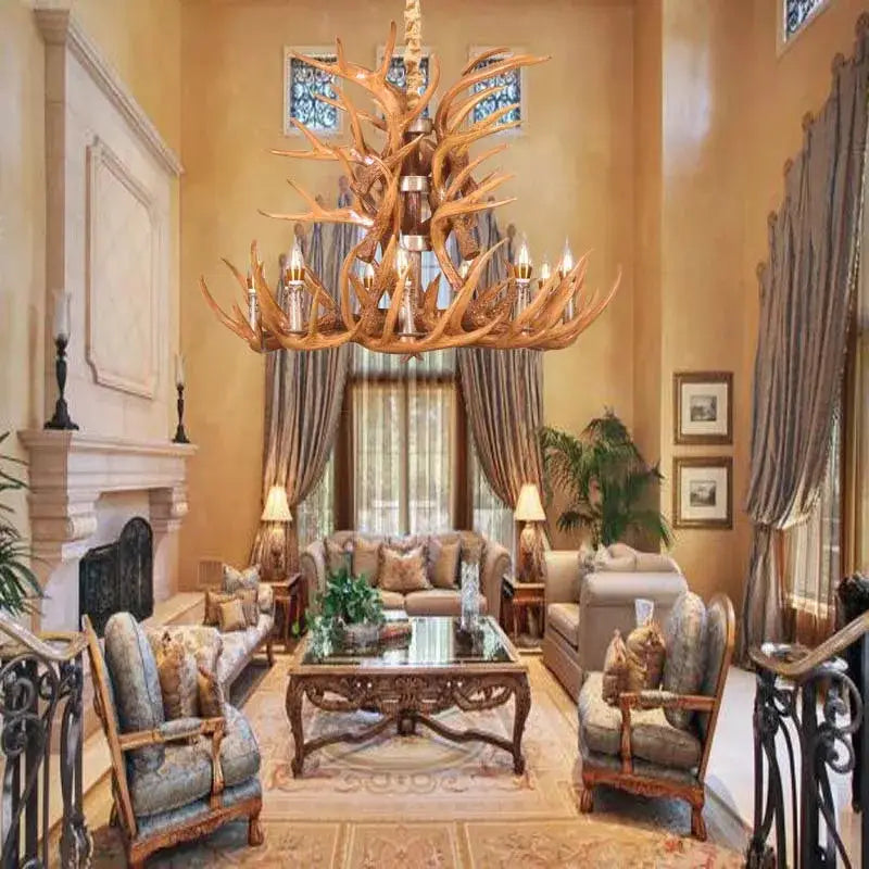 Rustic golden brown antler pendant chandelier with metallic accents for dining room decorbites antler pendant lighting