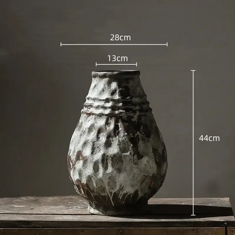Rustic gray and white coarse pottery vase with textured weathered finish for living room home decor by decorbites
