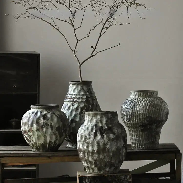 Four rustic gray and white coarse pottery vases with hammered finish ideal for decorbites coarse pottery home decor