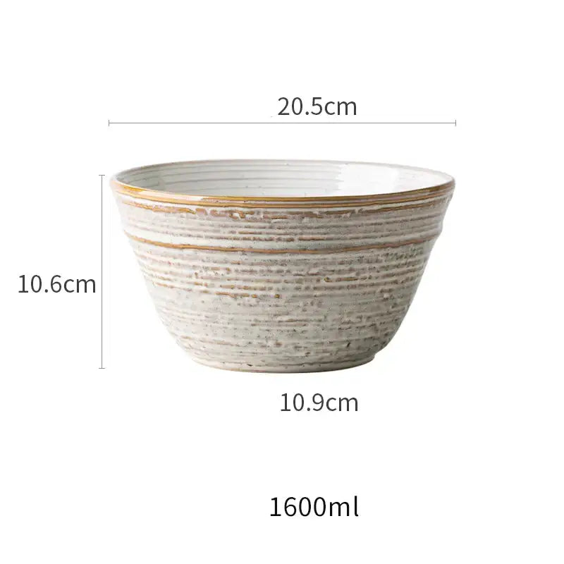 Rustic grayish white ceramic dish bowl set featuring a textured earthy beige bowl with subtle horizontal ridges