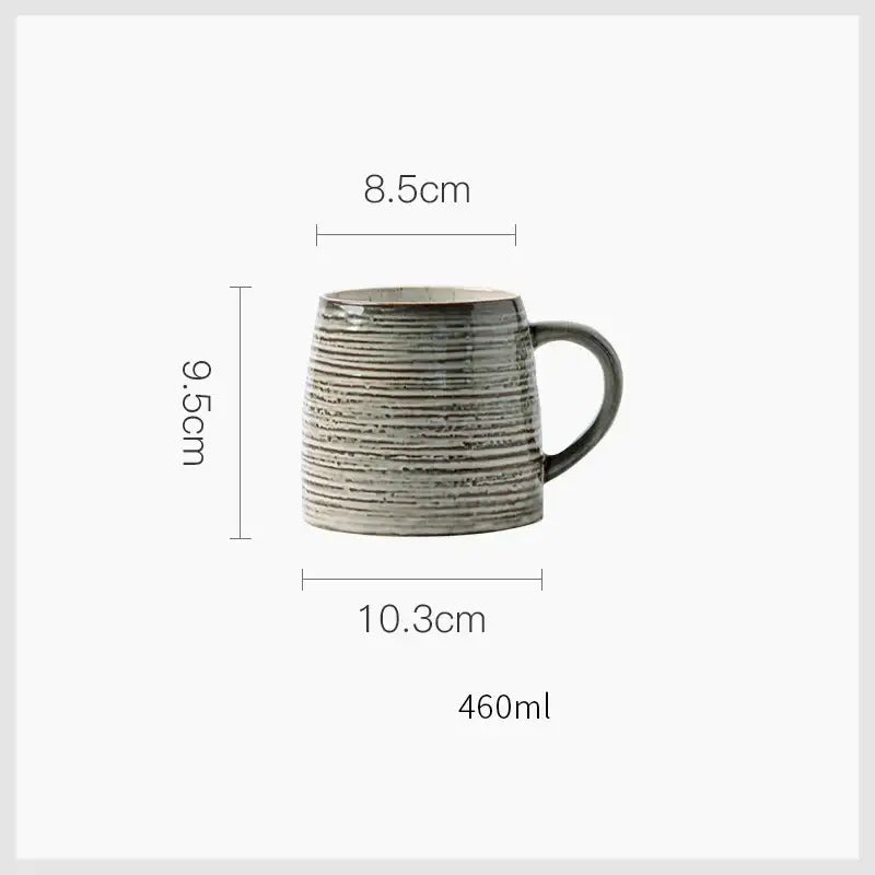 Rustic grayish white ceramic dish bowl set featuring a textured grayish brown mug with horizontal ridges