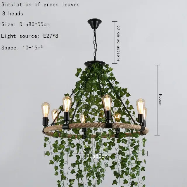 Rustic black metal green leaf chandelier with eight Edison bulbs and rope-wrapped ring for bar or dining room