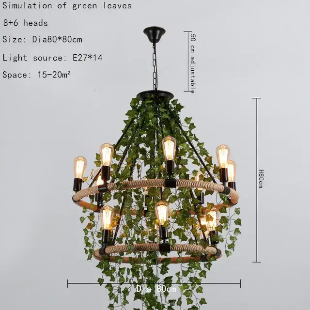 Rustic green leaf chandelier with black metal frame, rope rings, and ivy vines for bar or dining room lighting