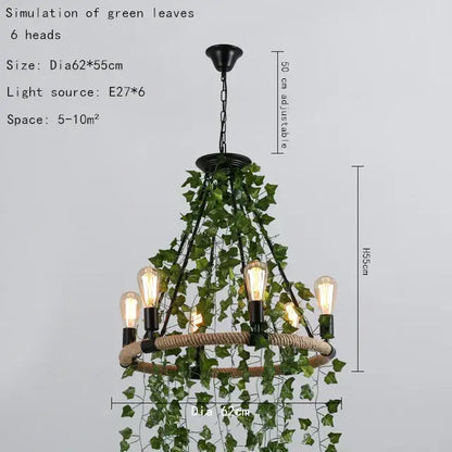 Rustic black metal green leaf chandelier with six exposed edison bulbs and ivy vine accents for bar dining room