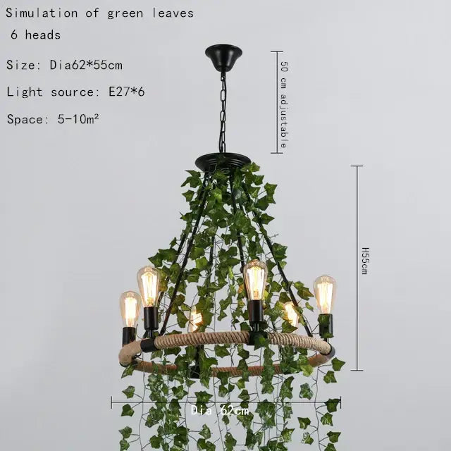 Rustic black metal green leaf chandelier with six exposed edison bulbs and ivy vine accents for bar dining room