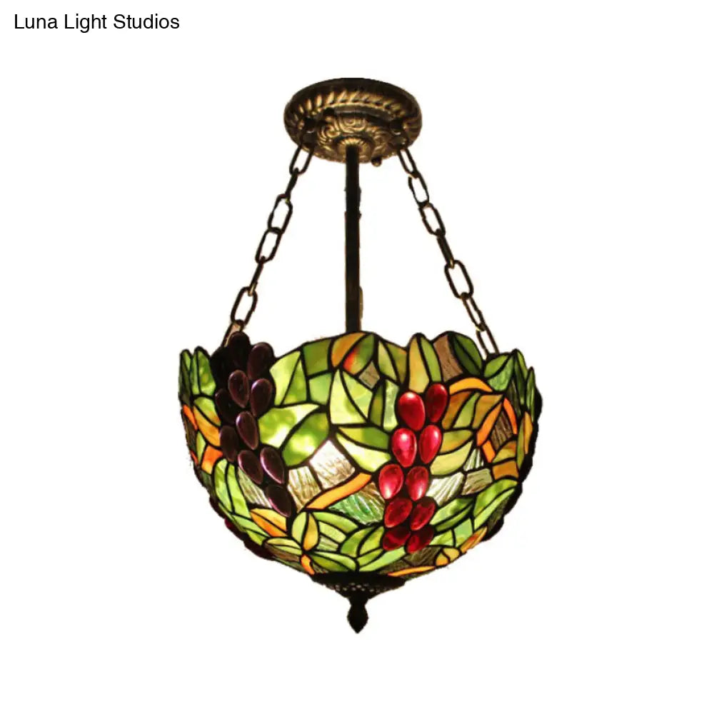 Rustic Green Leaf Pattern Ceiling Light Fixture - Inverted Bowl Design, Ideal for Foyer, Semi Flush Mount