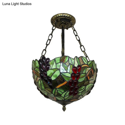 Rustic Green Leaf Pattern Ceiling Light Fixture - Inverted Bowl Design, Ideal for Foyer, Semi Flush Mount