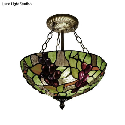 Rustic Green Leaf Pattern Ceiling Light Fixture - Inverted Bowl Design, Ideal for Foyer, Semi Flush Mount