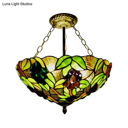 Rustic Green Leaf Pattern Ceiling Light Fixture - Inverted Bowl Design, Ideal for Foyer, Semi Flush Mount