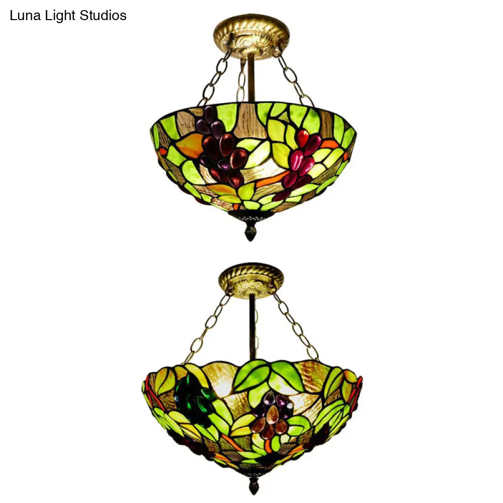 Rustic Green Leaf Pattern Ceiling Light Fixture - Inverted Bowl Design, Ideal for Foyer, Semi Flush Mount