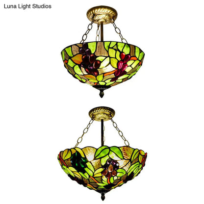 Rustic Green Leaf Pattern Ceiling Light Fixture - Inverted Bowl Design, Ideal for Foyer, Semi Flush Mount