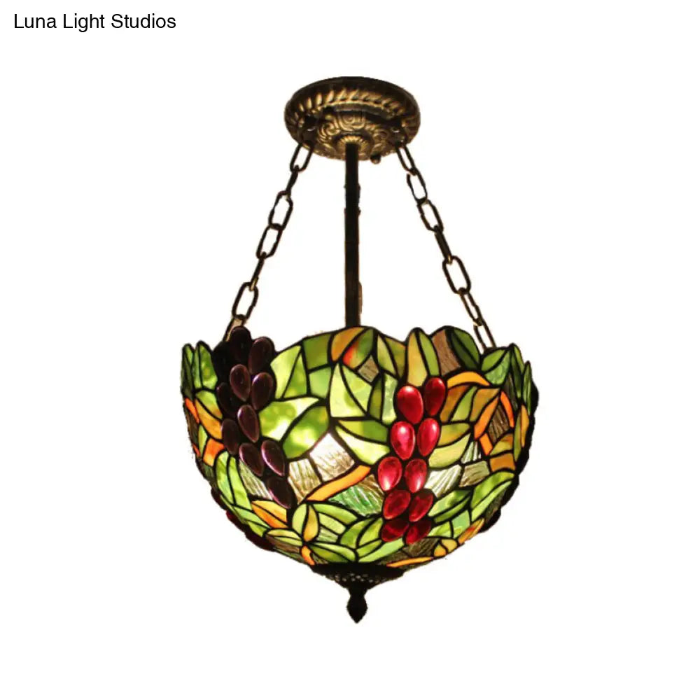 Rustic Green Leaf Pattern Ceiling Light Fixture - Inverted Bowl Design, Ideal for Foyer, Semi Flush Mount