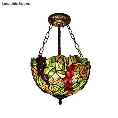 Rustic Green Leaf Pattern Ceiling Light Fixture - Inverted Bowl Design, Ideal for Foyer, Semi Flush Mount