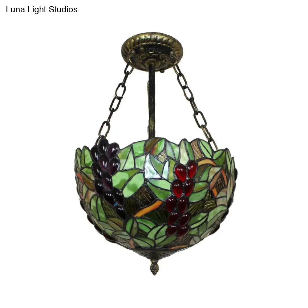 Rustic Green Leaf Pattern Ceiling Light Fixture - Inverted Bowl Design, Ideal for Foyer, Semi Flush Mount