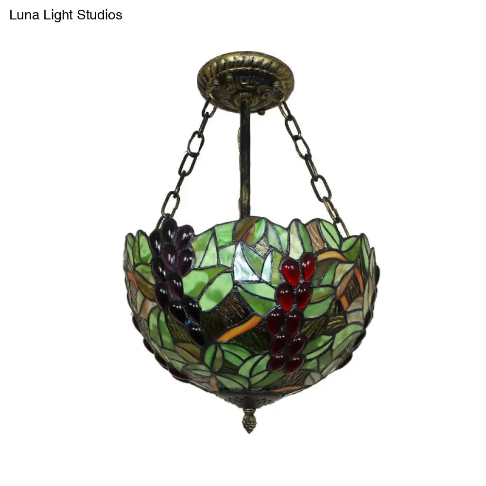 Rustic Green Leaf Pattern Ceiling Light Fixture - Inverted Bowl Design, Ideal for Foyer, Semi Flush Mount