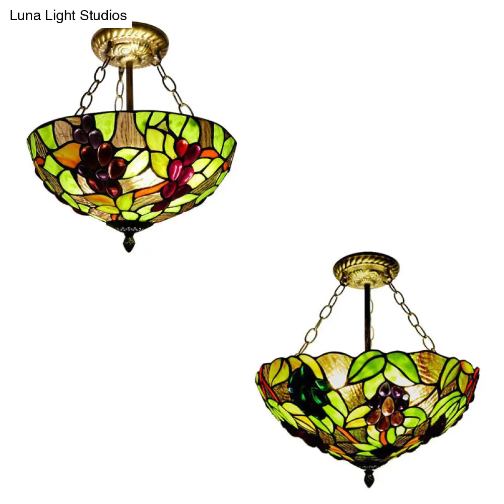 Rustic Green Leaf Pattern Ceiling Light Fixture - Inverted Bowl Design, Ideal for Foyer, Semi Flush Mount