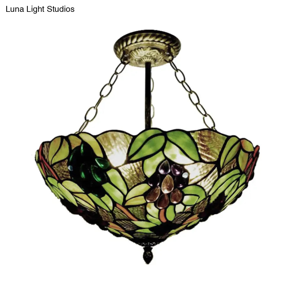 Rustic Green Leaf Pattern Ceiling Light Fixture - Inverted Bowl Design, Ideal for Foyer, Semi Flush Mount